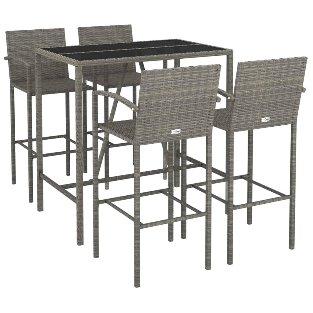 vidaXL 5 Piece Patio Bar Set - Poly Rattan Outdoor Furniture - Gray - Weather-Resistant - Tempered Glass Tabletop - Easy Assembly