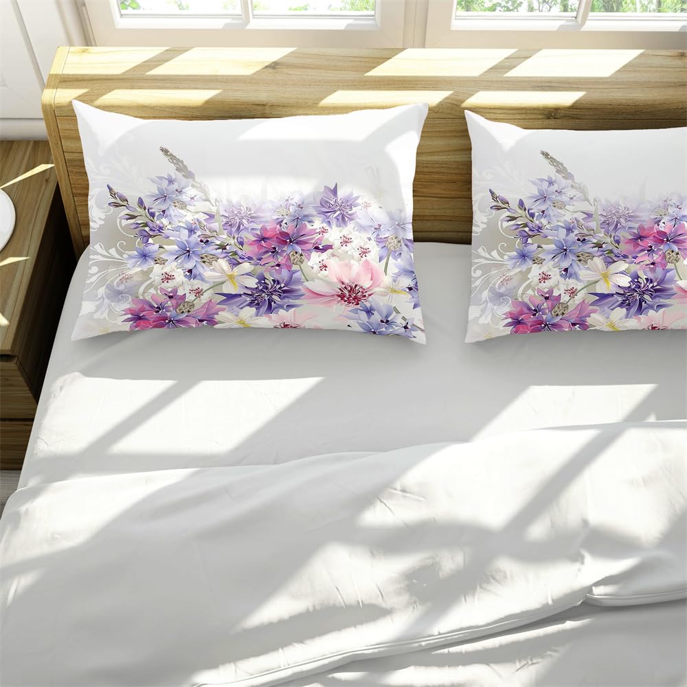 Purple Themed Flower Duvet Cover Set, Vibrant Blooming Bouquet Printed Duvet Cover ,Comfortable And Lightweight 3-piece Bedroom Pillowcase Home Decoration (1 Duvet Cover+2 Pillowcases)-Flower1-King