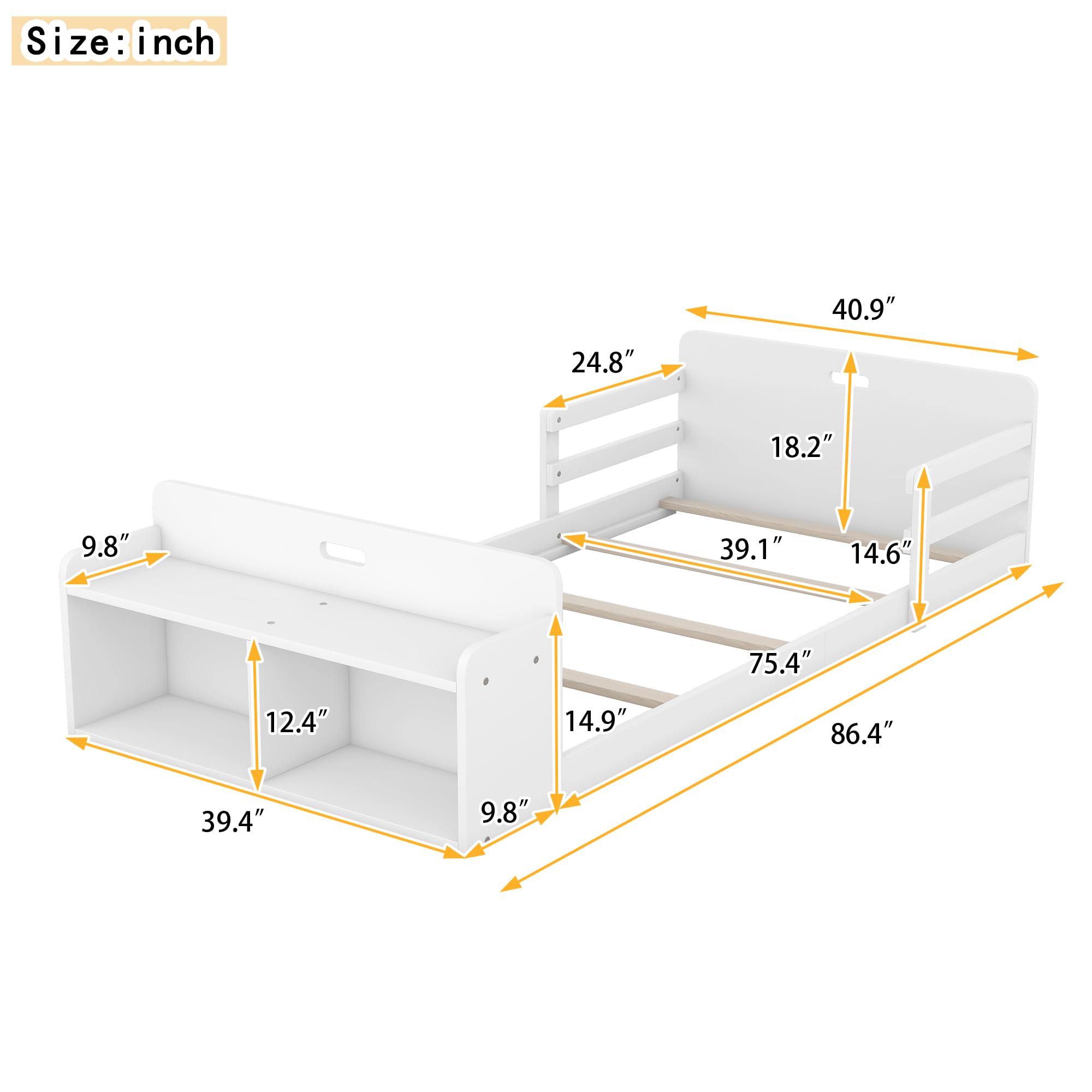 Harper & Bright Designs Twin Size Floor Bed with Storage Footboard and Guardrail, Montessori Floor Bed Twin Bed Frame for Kids, Wood Platform Bed with Headboard, White