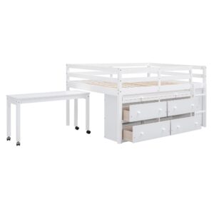 Low Loft Bed with Desk and Storage, Full Size Kids Loft Bed Frame with 4 Drawers and Rolling Portable Desk for Children and Teens, Boys, Girls, White