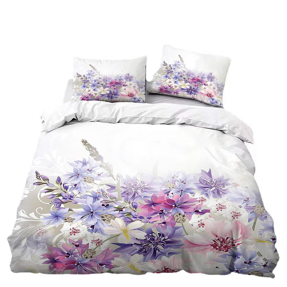 Purple Themed Flower Duvet Cover Set, Vibrant Blooming Bouquet Printed Duvet Cover ,Comfortable And Lightweight 3-piece Bedroom Pillowcase Home Decoration (1 Duvet Cover+2 Pillowcases)-Flower1-King