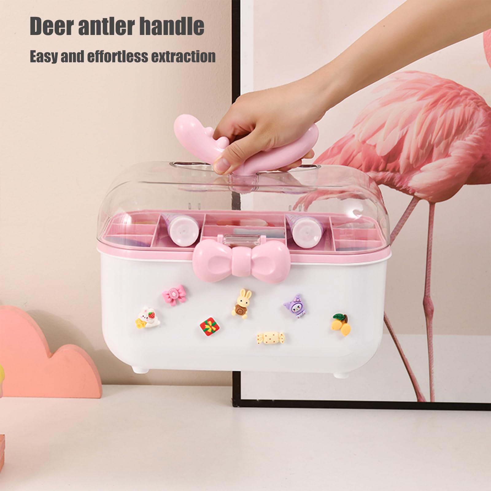 Girls Hair Accessories Storage Box, Cute Hair Accessories Organizer, Jewelry Box with Upper and Lower Layers, Deer Horn Handle, Bow Switch Girls Multipurpose Organizer and Portable Storage Box (Pink)