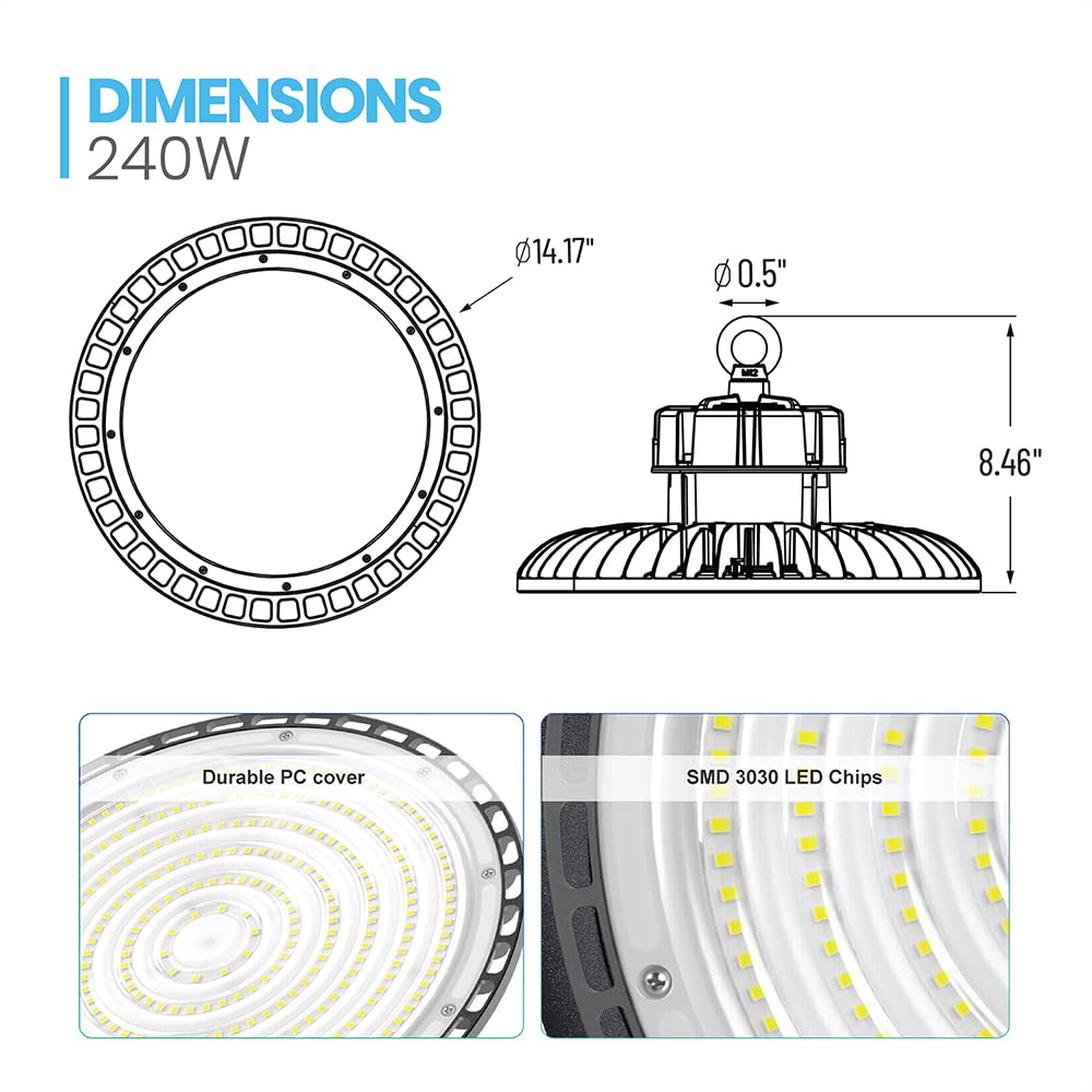 240W UFO LED High Bay Light for Warehouses, Gyms, C-Stores, 27000 Lumens, 5700K, Black, UL DLC Listed