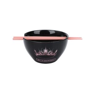 bioworld blackpink crown and logo ceramic ramen bowl and plastic chopsticks set