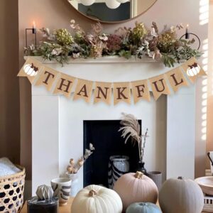 Thankful Banner Holiday Decorations Fall Mantel Garland Rustic Harvest Autumn White Pumpkin