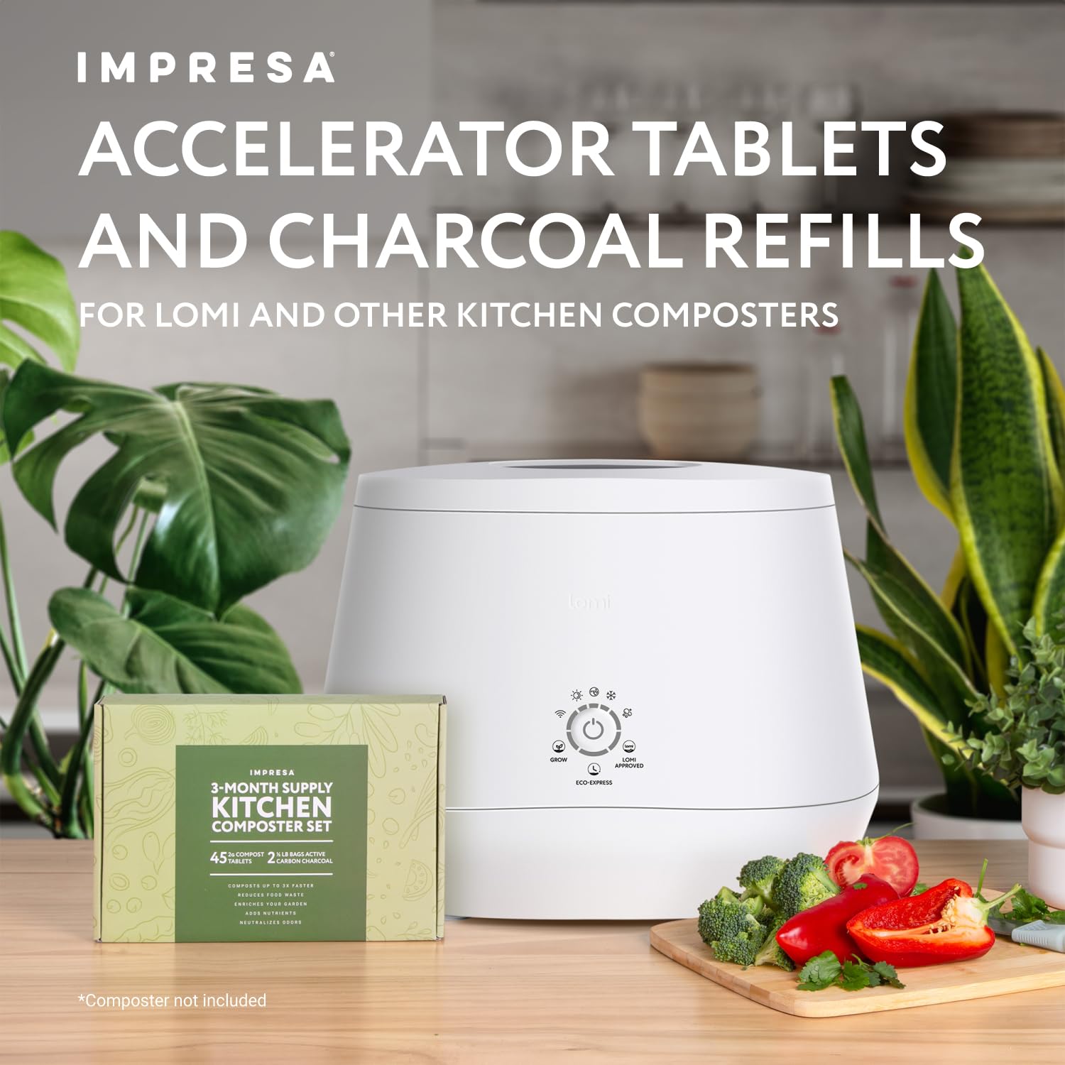 Impresa Kitchen Composter Set for Lomi Kitchen Composter & Other Electric Composter Models - Impresa Two 0.5lb Bags for Lomi Charcoal Refills + 45 Accelerator Tablets - Impresa Kit for Lomi Composter