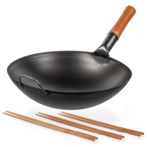 yosukata carbon steel wok pan - 14 “ woks and stir fry pans + reusable natural wooden long cooking chopsticks set of 3 pairs: 11.8 inch, 13-inch, 14.2 inch