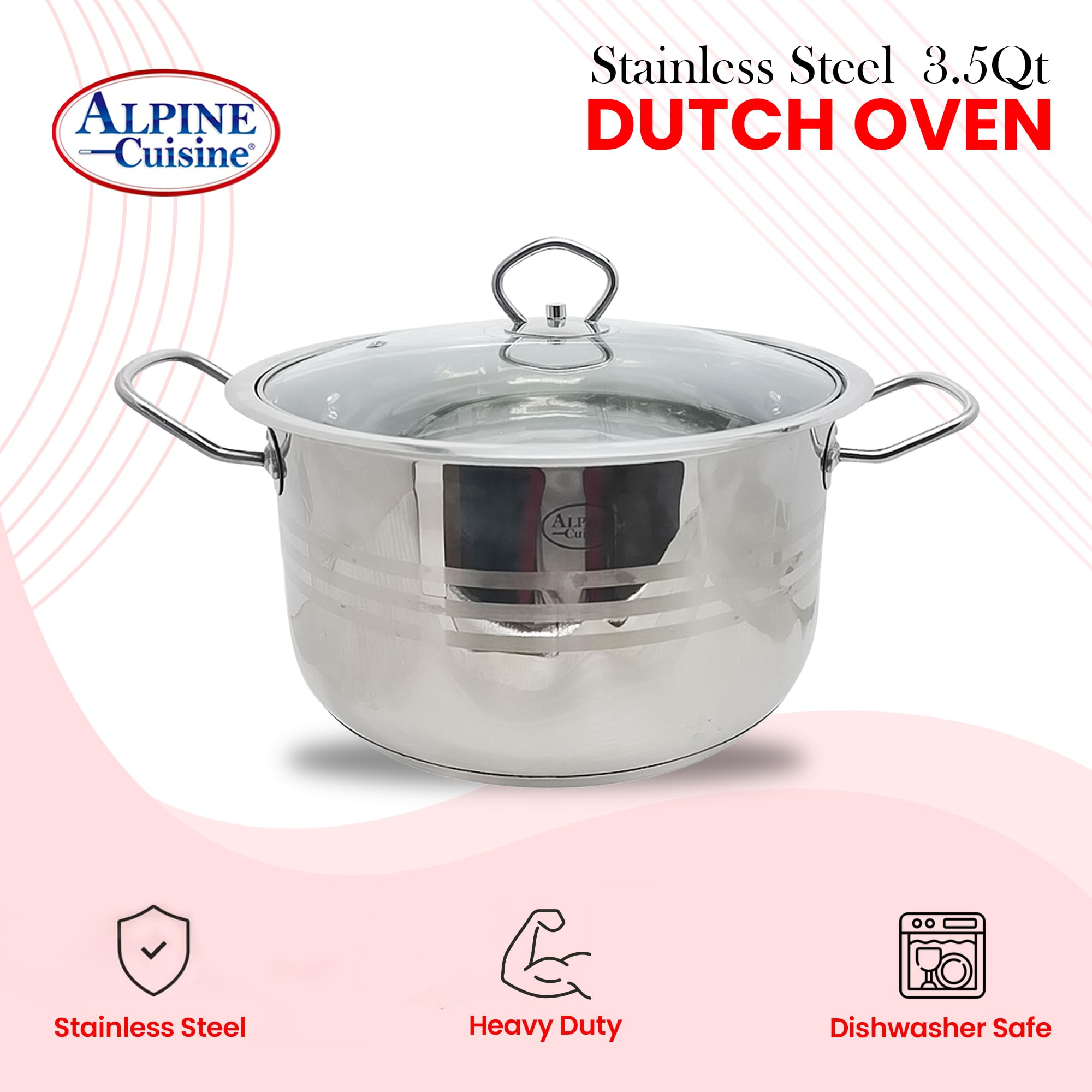 Alpine Cuisine Stainless Steel Dutch Oven with Lid 3.5 Quart & Easy Cool Handle, Food Grade Stainless Steel Heavy Duty, Commercial Grade Healthy Cookware kitchen Dutch oven