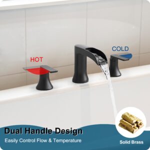 HOIGY Solid Brass Waterfall Bathtub Faucets Set, 3 Hole Matte Black Tub Faucet 2 Handle, High Flow Roman Tub Faucets Widespread 6-16 Inch Deck Mount