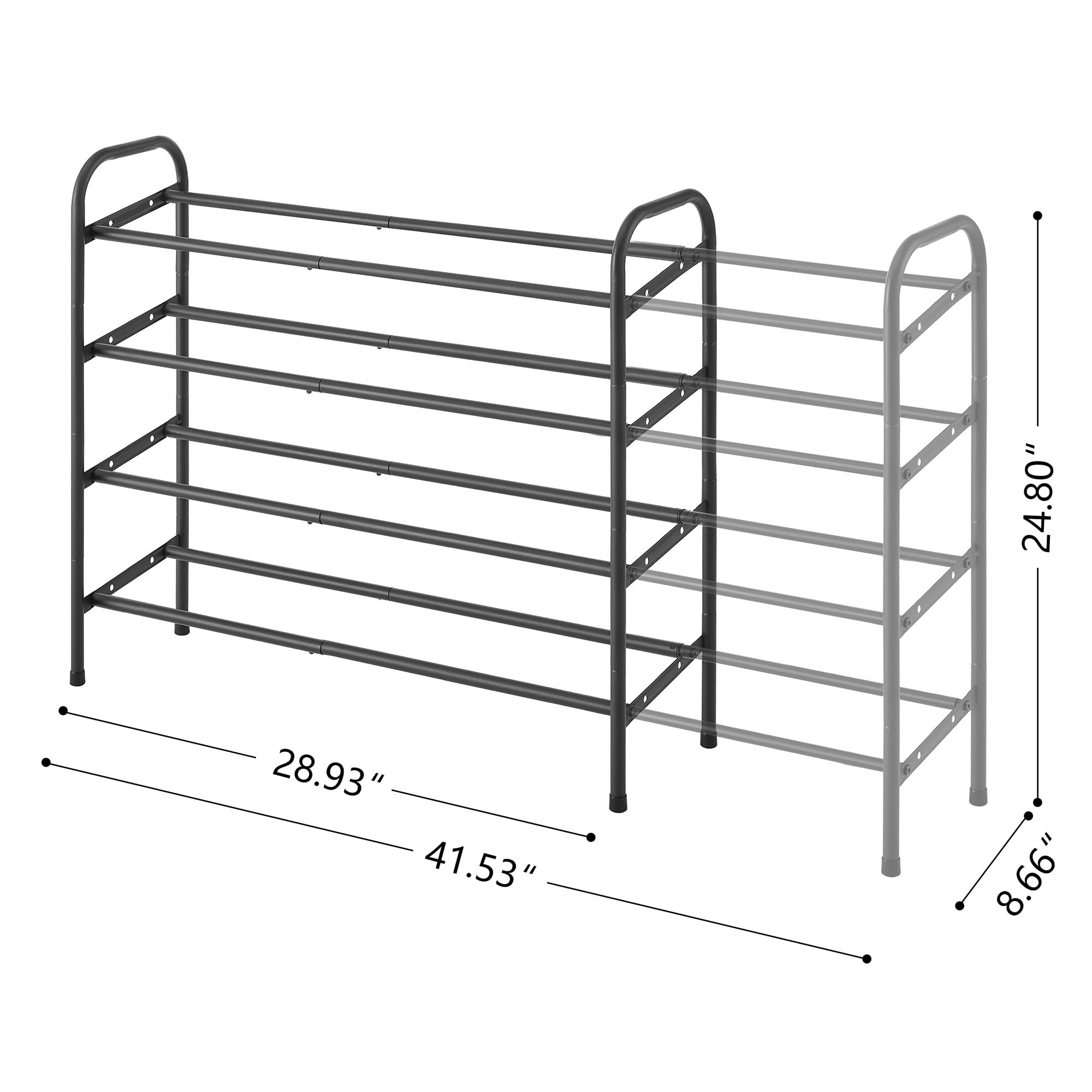 Gewudraw 4-Tier Shoe Rack Expandable, Width Adjustable Shoe Shelf Storage Organizer, 41.53'' Metal Standing Shoe Rack for Bedroom Entryway Closet, Holds up to 24 Pairs Shoes, Black