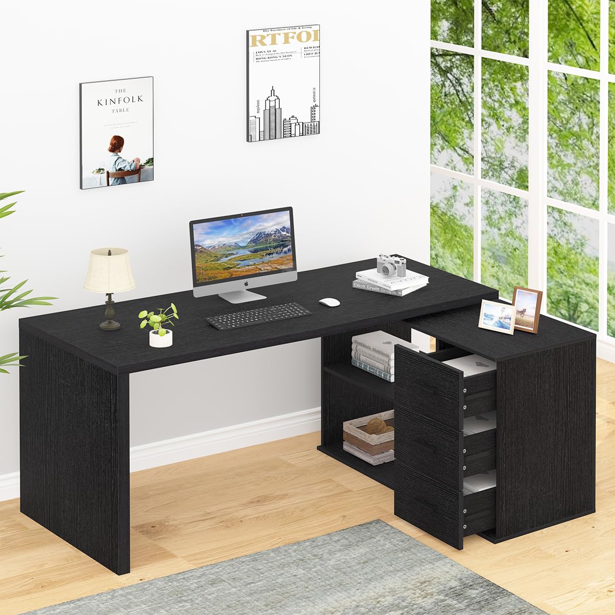 HSH Black L Desk with Drawers Shelves, Large Reversible L Shaped Desk with Storage Cabinet, Corner Home Office Computer Desk Workstation for Executive Writing Study, Bedroom Living Room Table, 60 Inch