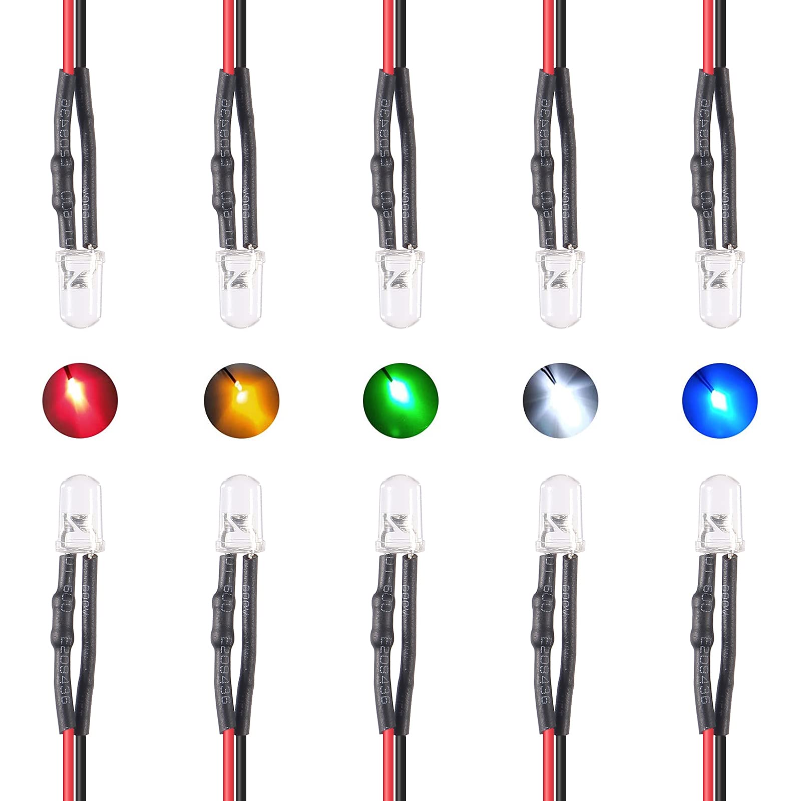 ACEIRMC 50pcs 12 Volt 5mm Red LED Lights Emitting Diodes Pre Wired 7.9 inch DC 12v LED Light Clear Lens Small LED Lamps (Multicolor)