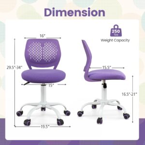 Giantex Kids Desk Chair, Children Armless Study Chair with Adjustable Height, Ergonomic Kids Office Chair with Wheels, Rolling Swivel Mesh Task Desk Chair for Girls Boys Teens, Purple