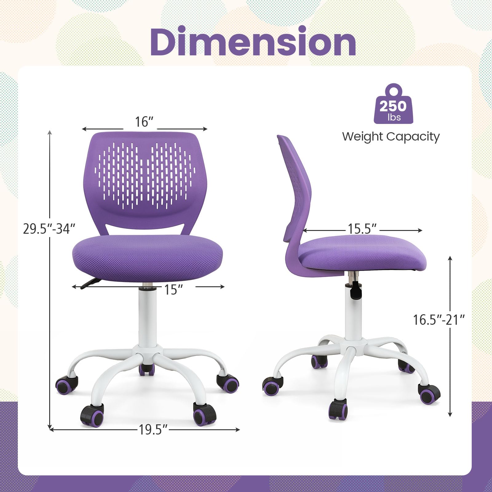 Giantex Kids Desk Chair, Children Armless Study Chair with Adjustable Height, Ergonomic Kids Office Chair with Wheels, Rolling Swivel Mesh Task Desk Chair for Girls Boys Teens, Purple