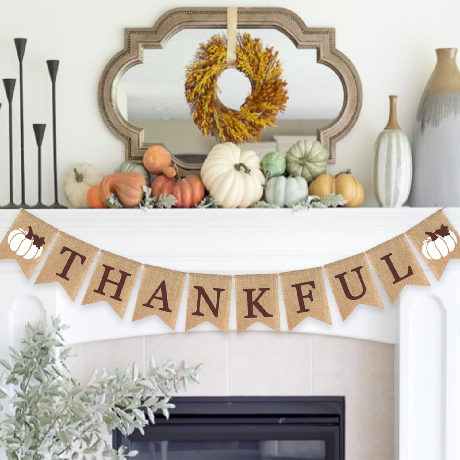 Thankful Banner Holiday Decorations Fall Mantel Garland Rustic Harvest Autumn White Pumpkin