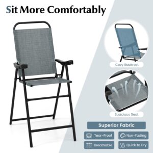 COSTWAY 2 Pieces Patio Folding Bar Chairs, High Top Patio Bar Chair with Metal Frame & Footrest, Outdoor Bar Height Chairs for Balcony, Garden & Poolside (1, Blue)