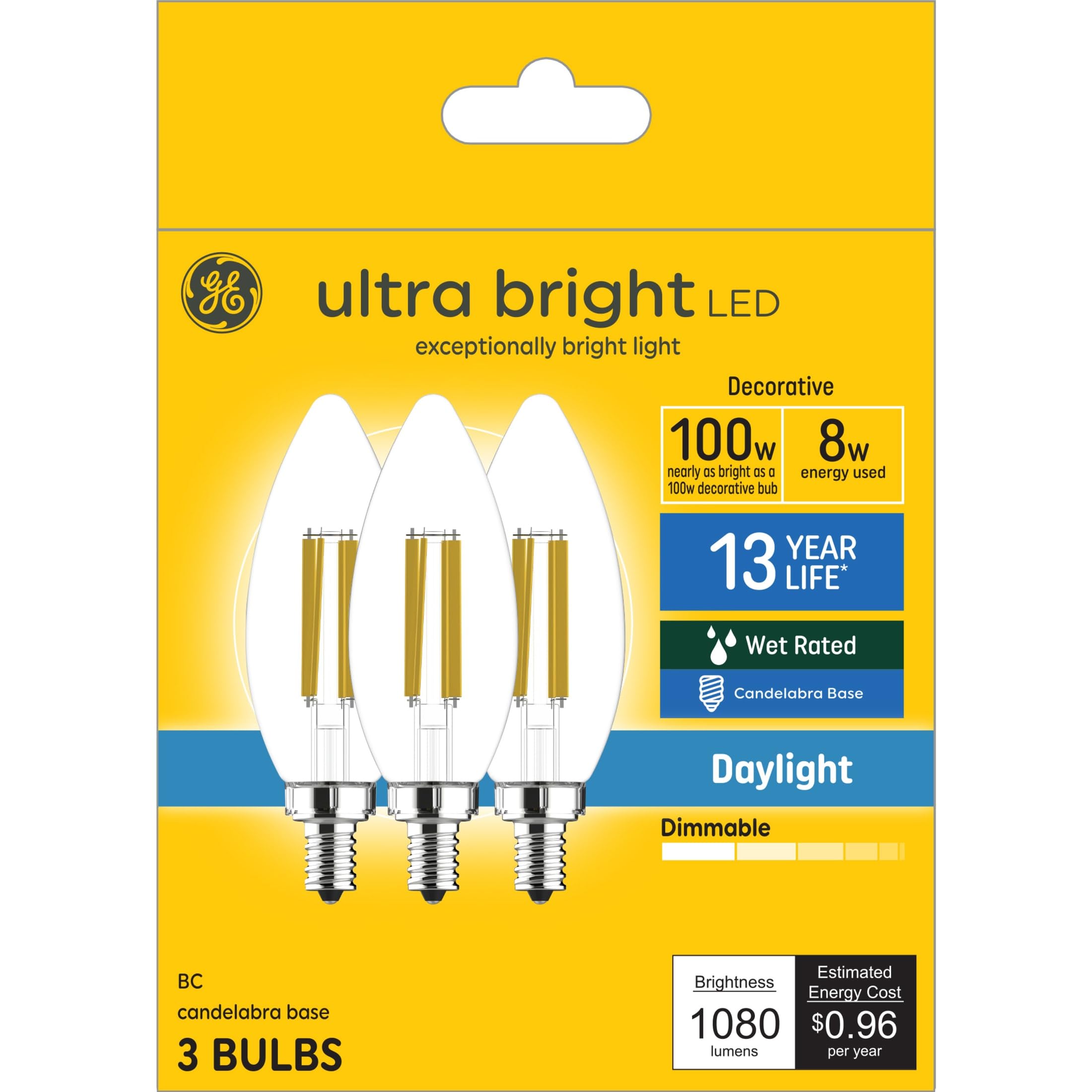 GE Ultra Bright LED Light Bulbs, 100W, Daylight Candle Lights, Clear Decorative B12 Light Bulbs (3 Pack)