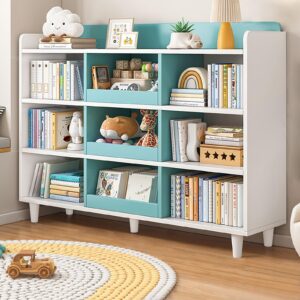 nelye wooden cube bookcase with legs - 3-tier open shelf kidsroom sorted storage cabinet organizer for books and toys, 9-cube lattice cute cubby bookshelf in white mixed westlake blue, 55" w