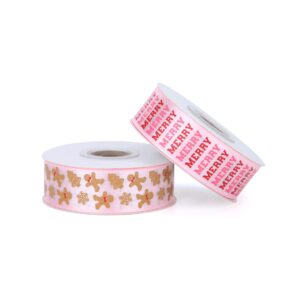 Meseey Gingerbread Ribbon 7/8 Inch 20 Yards Pink Merry Christmas Candy Cane Fabric Craft Ribbon for Christmas Gift Wrapping Wreath Bow DIY Crafts Supplies (Pink Merry Gingerbread)