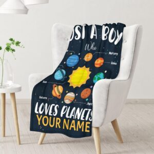 Custom Planet Blanket with Name for Kids - Soft, Fuzzy & Cozy - 30"x40" Lap Size Kids Throw Blanket for Couch, Office - Blue Cute Warm Blankets Gifts