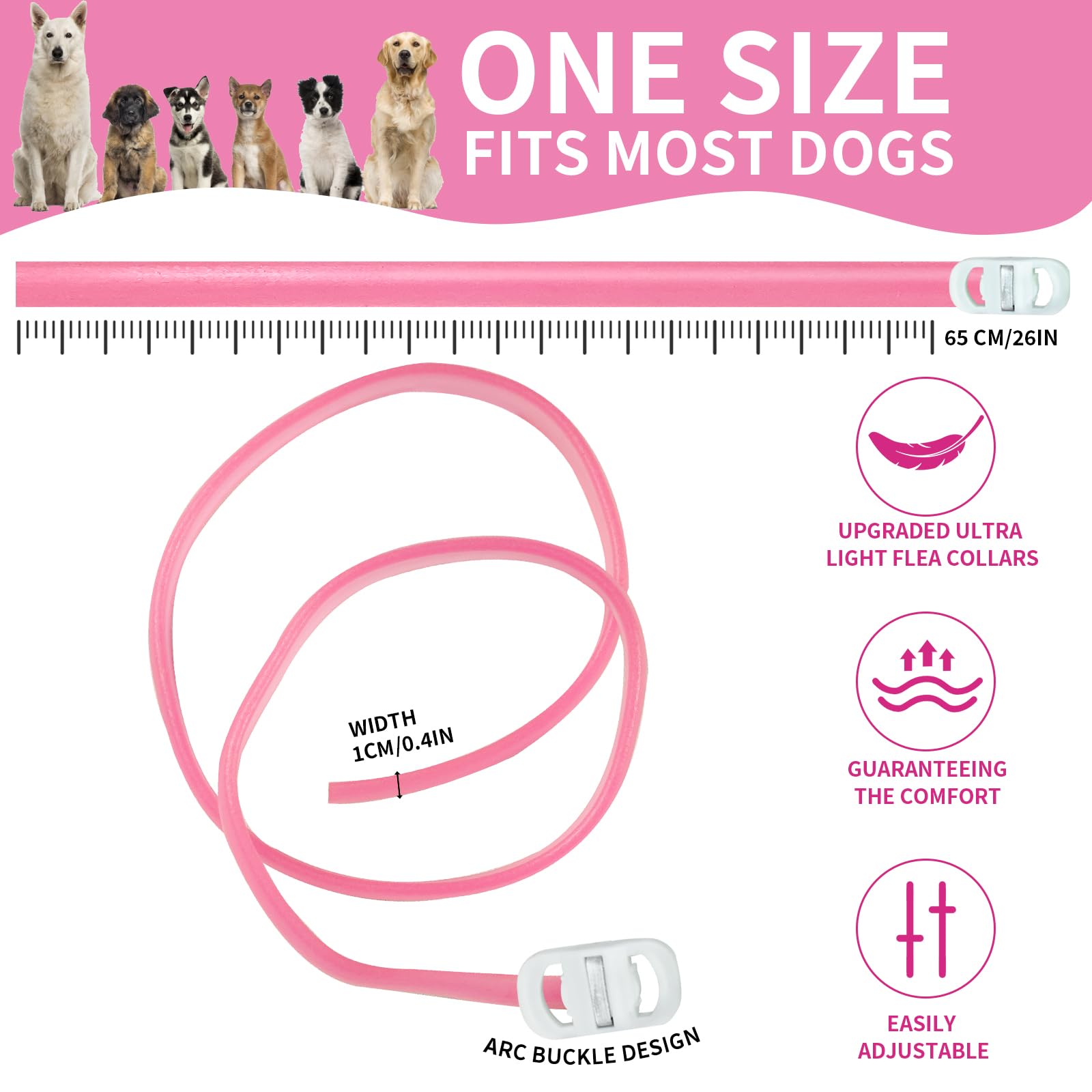 4 Pack Flea Collar for Dogs, Dog Flea and Tick Collar Glow in Dark, 8 Months Flea and Tick Prevention for Dog, Waterproof Adjustable Natural Tick and Flea Collar for Small Medium Large Dog Puppy-Pink