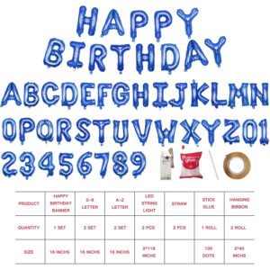 [85 PCS] Personalized Name Happy Birthday Balloons Letters Kit, DIY Custom Name Birthday Banner, 2 Sets A- Z & 0-9 16'' Letters and Numbers with 2 LED Light for Birthday Party Decorations (Blue)