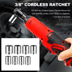 Hoypeyfiy 3/8" Cordless Electric Ratchet Wrench, 12V 40Ft-lbs Power Ratchet Tool Kit with 400RPM, 2 Packs 2.0Ah Lithium-Ion Batteries, 10 Sockets, LED Light