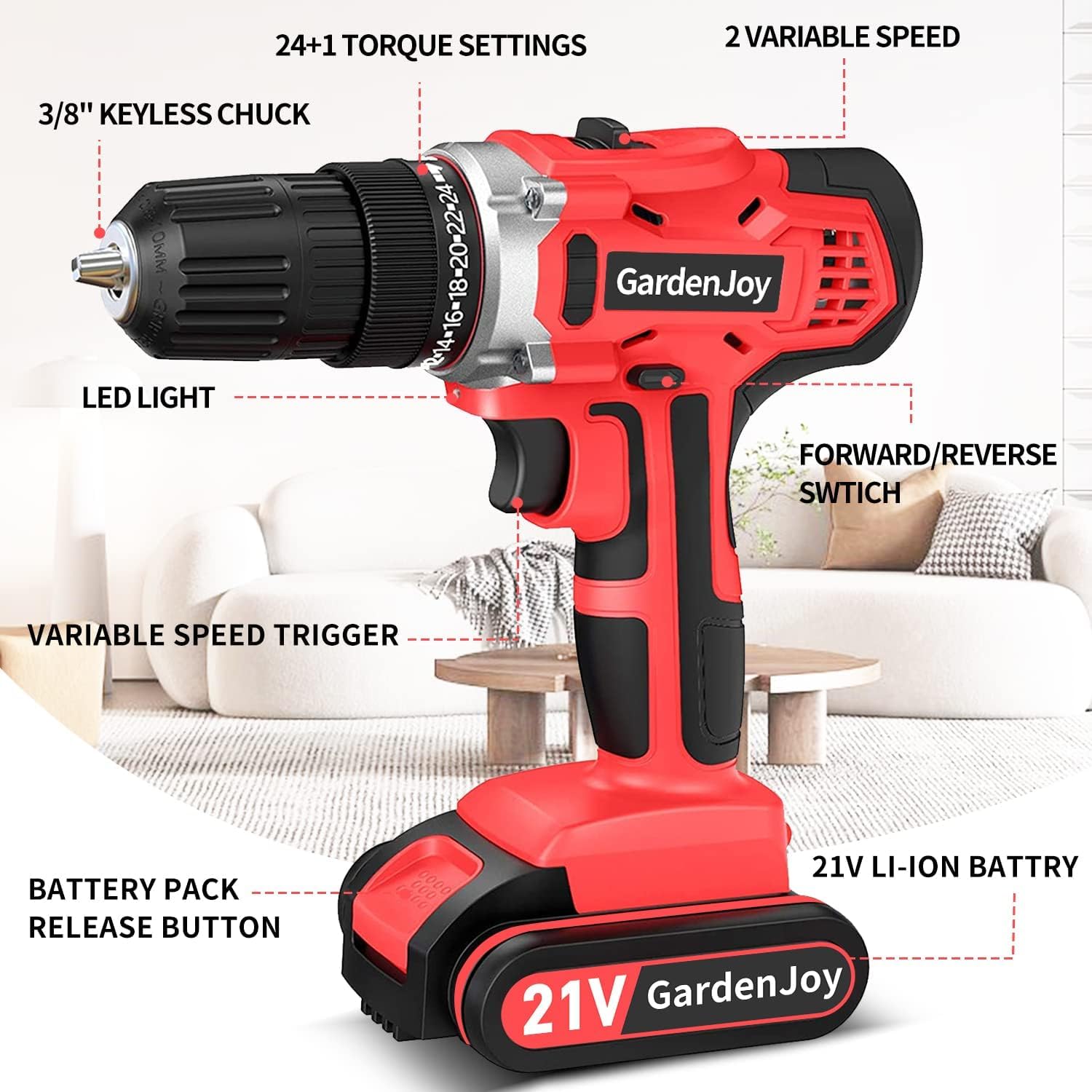 Cordless Power Drill Set - 21V Electric Drill Driver Kit with Battery and Fast Charger, 2 Variable Speed Control, 3/8-Inch Keyless Chuck and 24+1 Torque Setting