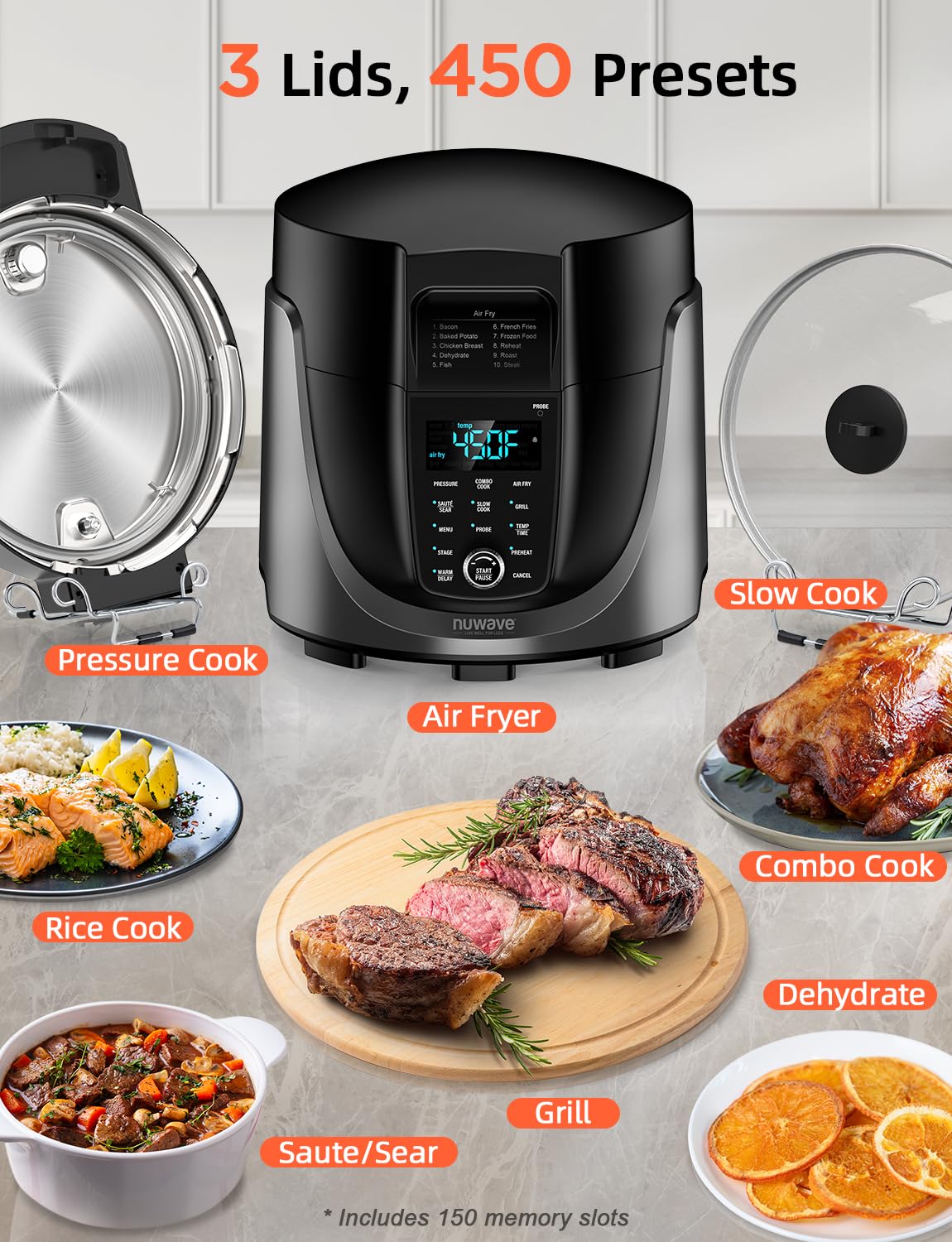 Nuwave Duet Electric Pressure Cooker & Air Fryer Combo, 450 IN 1 Slow Cooker & Grill with Integrated Digital Temp Probe, 6qt SS Pot, Adjustable High/Low Pressure, Built-in Sure-Lock Safety Tech