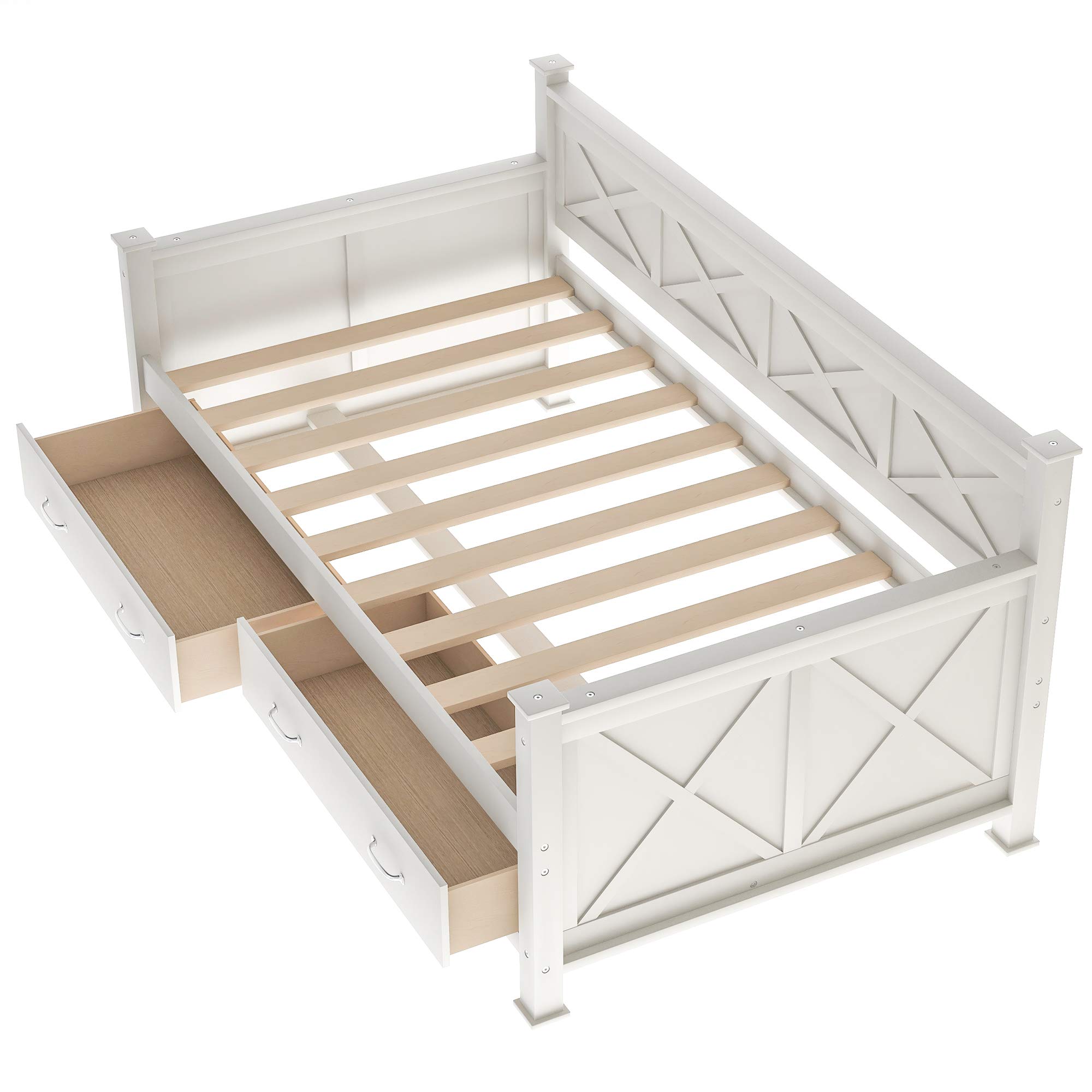 Harper & Bright Designs Twin Size Daybed with 2 Storage Drawers, Wood Twin Sofa Bed X-Shaped Frame, Modern Daybed Frame with Slat Support, Twin Size Bed for Bedroom Living Room (Twin, Cream White)