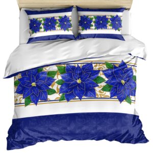 blue poinsettia christmas duvet cover queen size, xmas botanical floral comforter cover with zipper closure, 3 piece bedding sets 1 duvet cover 90x92 inches and 2 pillow shams