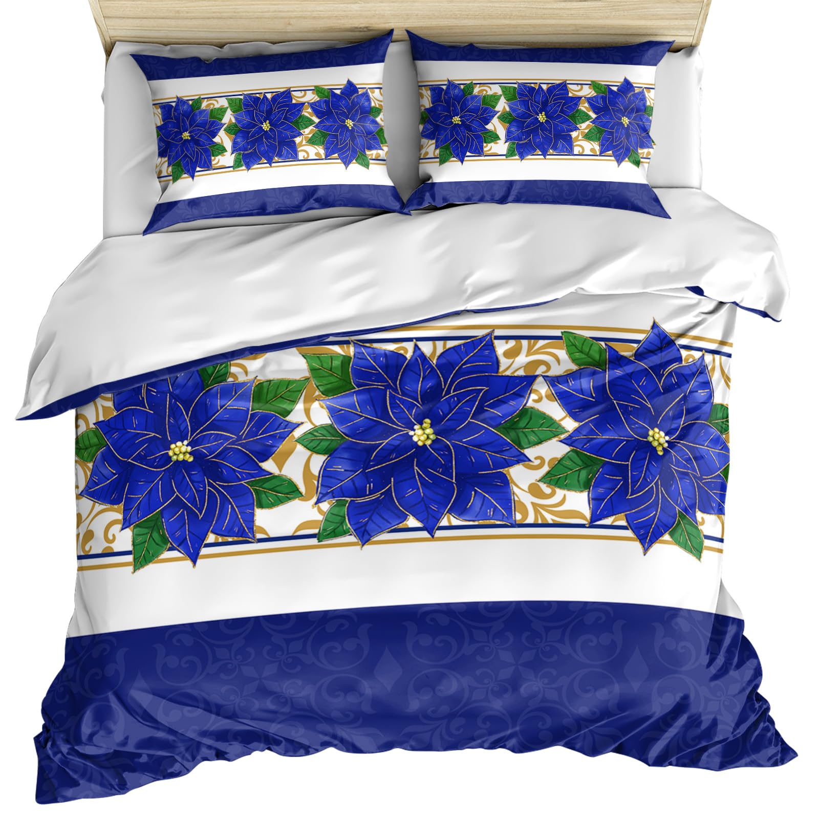 Blue Poinsettia Christmas Duvet Cover Queen Size, Xmas Botanical Floral Comforter Cover with Zipper Closure, 3 Piece Bedding Sets 1 Duvet Cover 90x92 Inches and 2 Pillow Shams