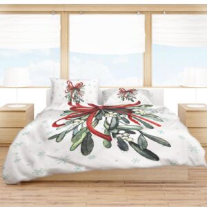 Christmas Duvet Cover Cal. King Size, Watercolor Red Green Botanical Bow Knot Winter Snowflake Comforter Cover with Zipper Closure, 3 Piece Bedding Sets 1 Duvet Cover 90x106 Inches and 2 Pillow Shams