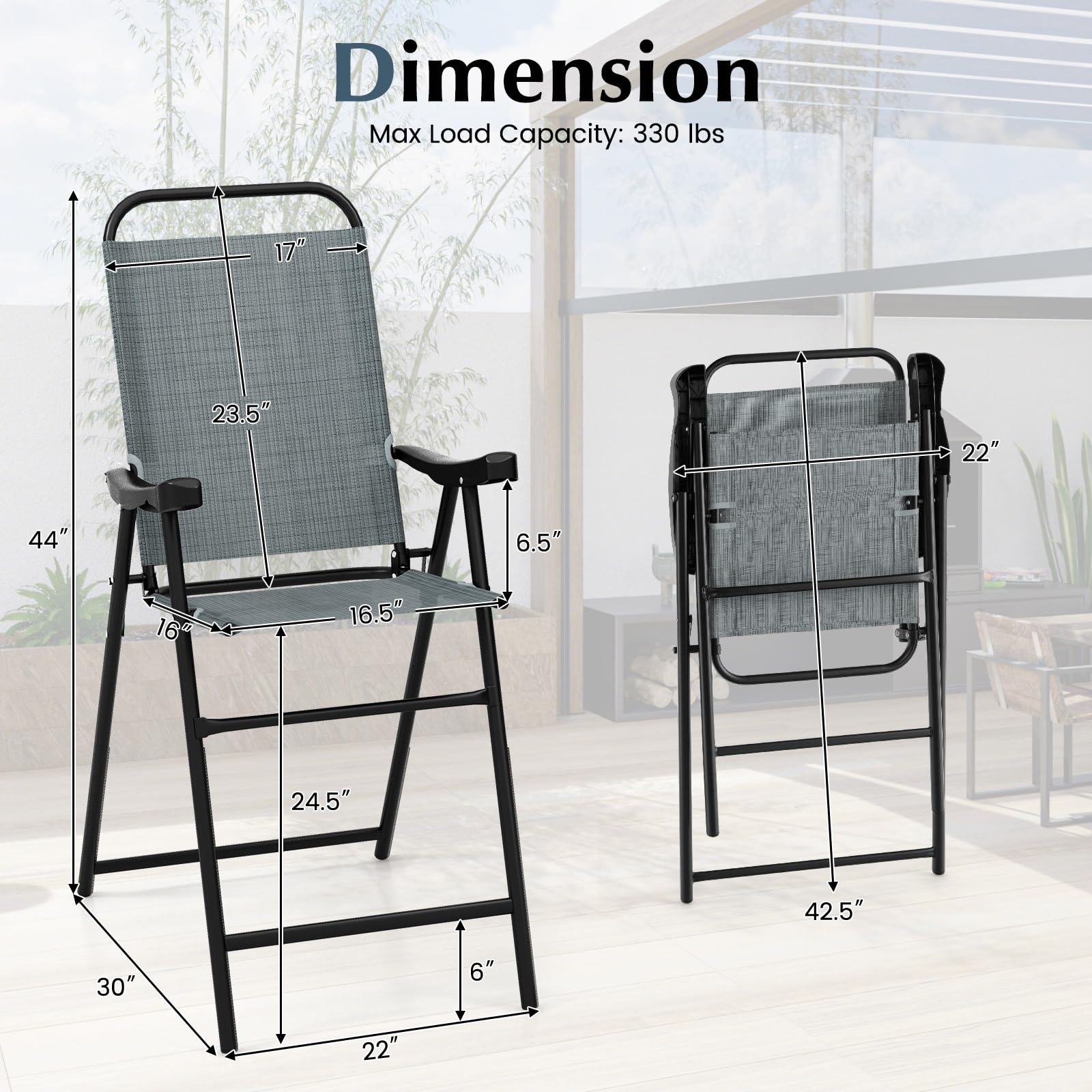 COSTWAY 2 Pieces Patio Folding Bar Chairs, High Top Patio Bar Chair with Metal Frame & Footrest, Outdoor Bar Height Chairs for Balcony, Garden & Poolside (1, Blue)