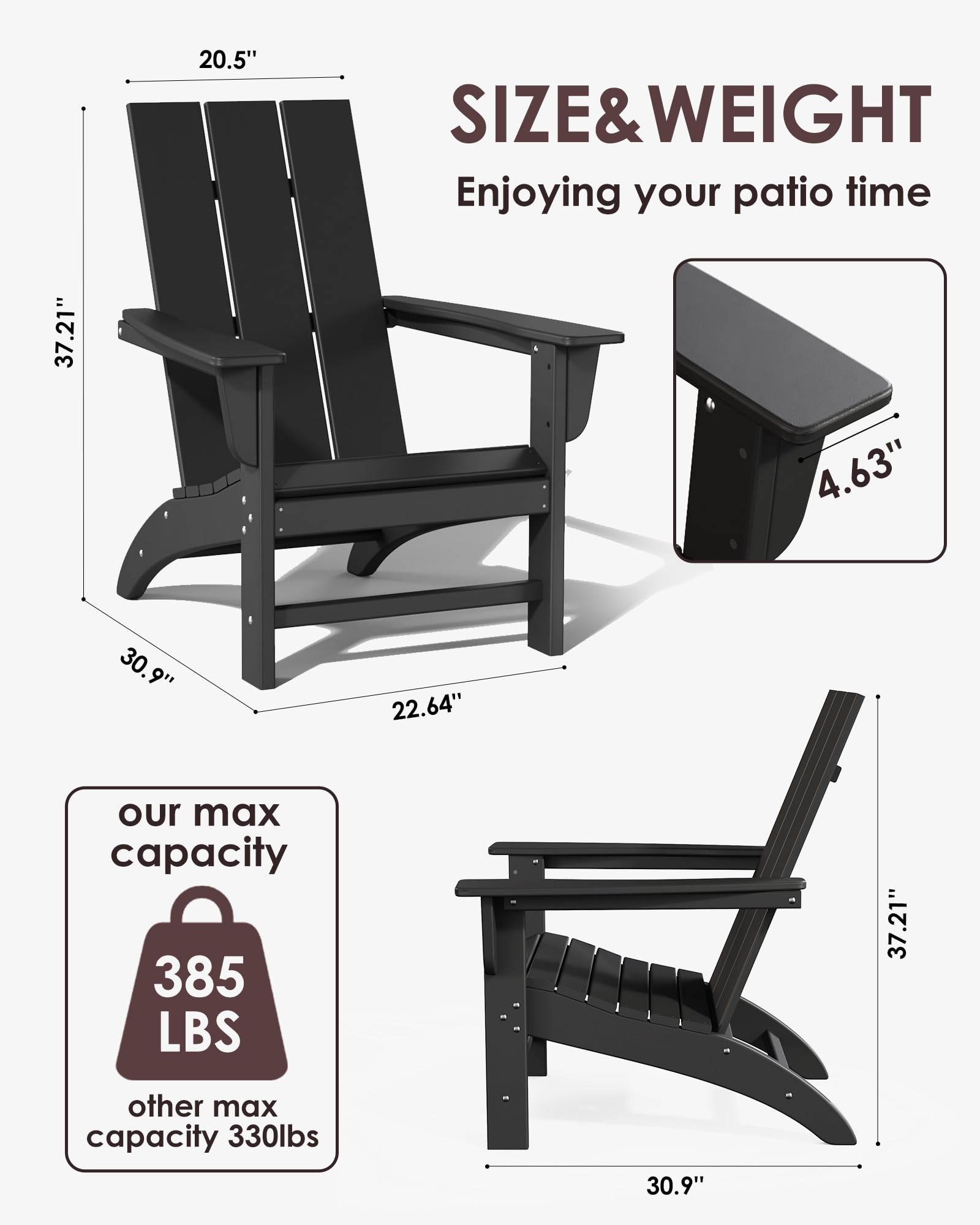 Poly Lumber Adirondack Chairs Set of 2, All-Weather Resistant Outdoor Patio Chairs, Look Like Wood, Pre-Assembled Outdoor Fire Pit Chair for Pool, Deck, Backyard, Garden, Black