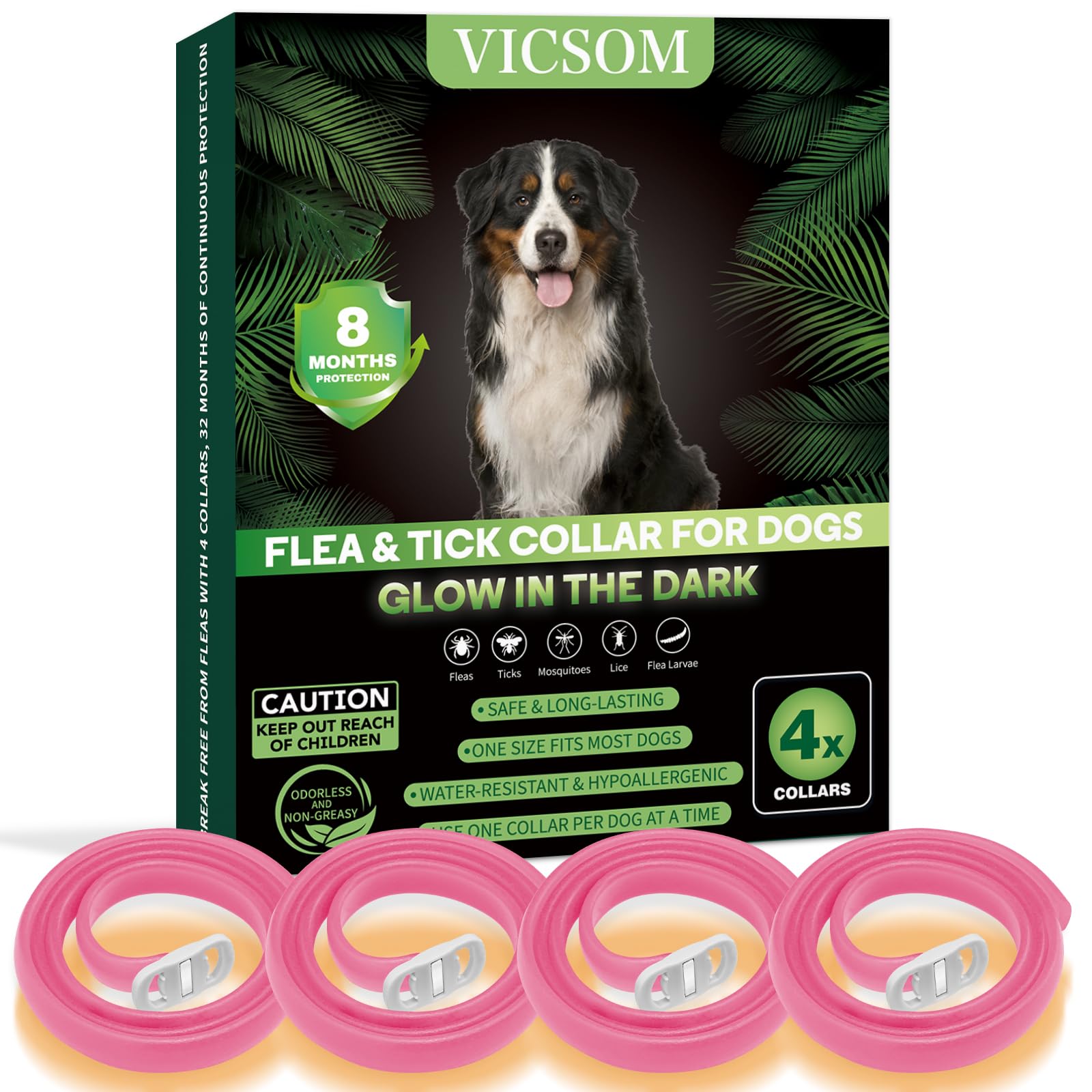 4 Pack Flea Collar for Dogs, Dog Flea and Tick Collar Glow in Dark, 8 Months Flea and Tick Prevention for Dog, Waterproof Adjustable Natural Tick and Flea Collar for Small Medium Large Dog Puppy-Pink