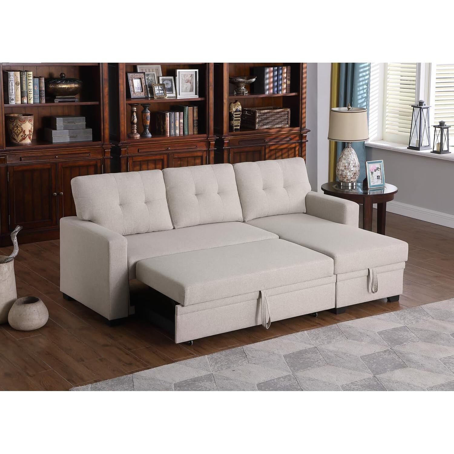 HomeStock City Chic L-Shaped Fabric Reversible, Easy Convertible Pull-Out Sleeper Sectional Sofa/Storage Chaise with Tufted Back Cushions and Track Arms-Beige