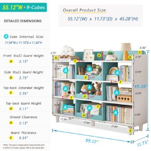 NELYE Wooden Cube Bookcase with Legs - 3-Tier Open Shelf Kidsroom Sorted Storage Cabinet Organizer for Books and Toys, 9-Cube Lattice Cute Cubby Bookshelf in White Mixed Westlake Blue, 55" W