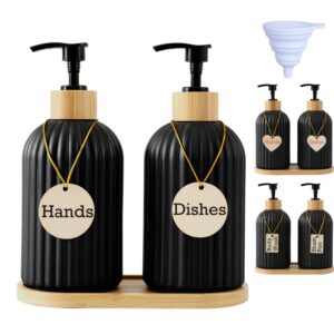 loochica do it yourself 2 pack black glass soap dispenser set with bamboo tray, matte black soap dispenser suitable for kitchen sink, bathroom, rustic kitchen décor