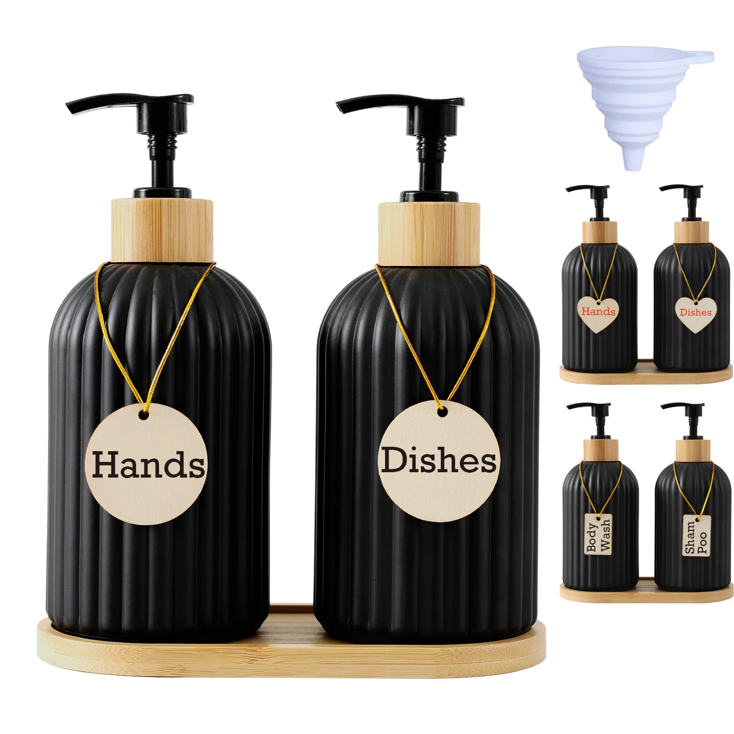 LOOCHICA Do It Yourself 2 Pack Black Glass Soap Dispenser Set with Bamboo Tray, Matte Black Soap Dispenser Suitable for Kitchen Sink, Bathroom, Rustic Kitchen Décor