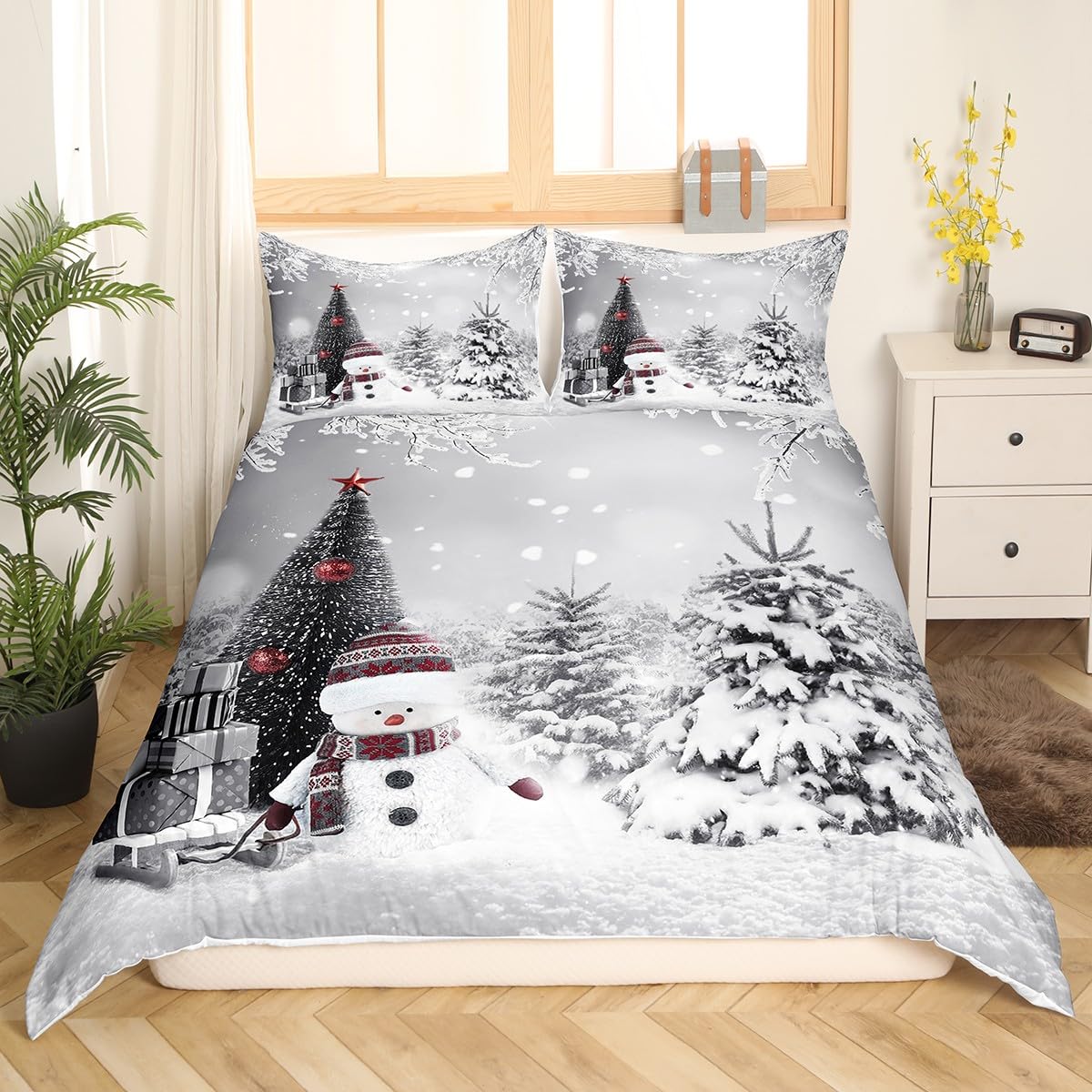 Erosebridal Snowman Bedding Set 3 Piece Happy New Year Xmas Duvet Cover Winter Themed Comforter Cover Merry Christmas Themed Bedspread Cover for Girls Boys Kids Christmas Eve Bedding Queen Size