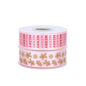 meseey gingerbread ribbon 7/8 inch 20 yards pink merry christmas candy cane fabric craft ribbon for christmas gift wrapping wreath bow diy crafts supplies (pink merry gingerbread)