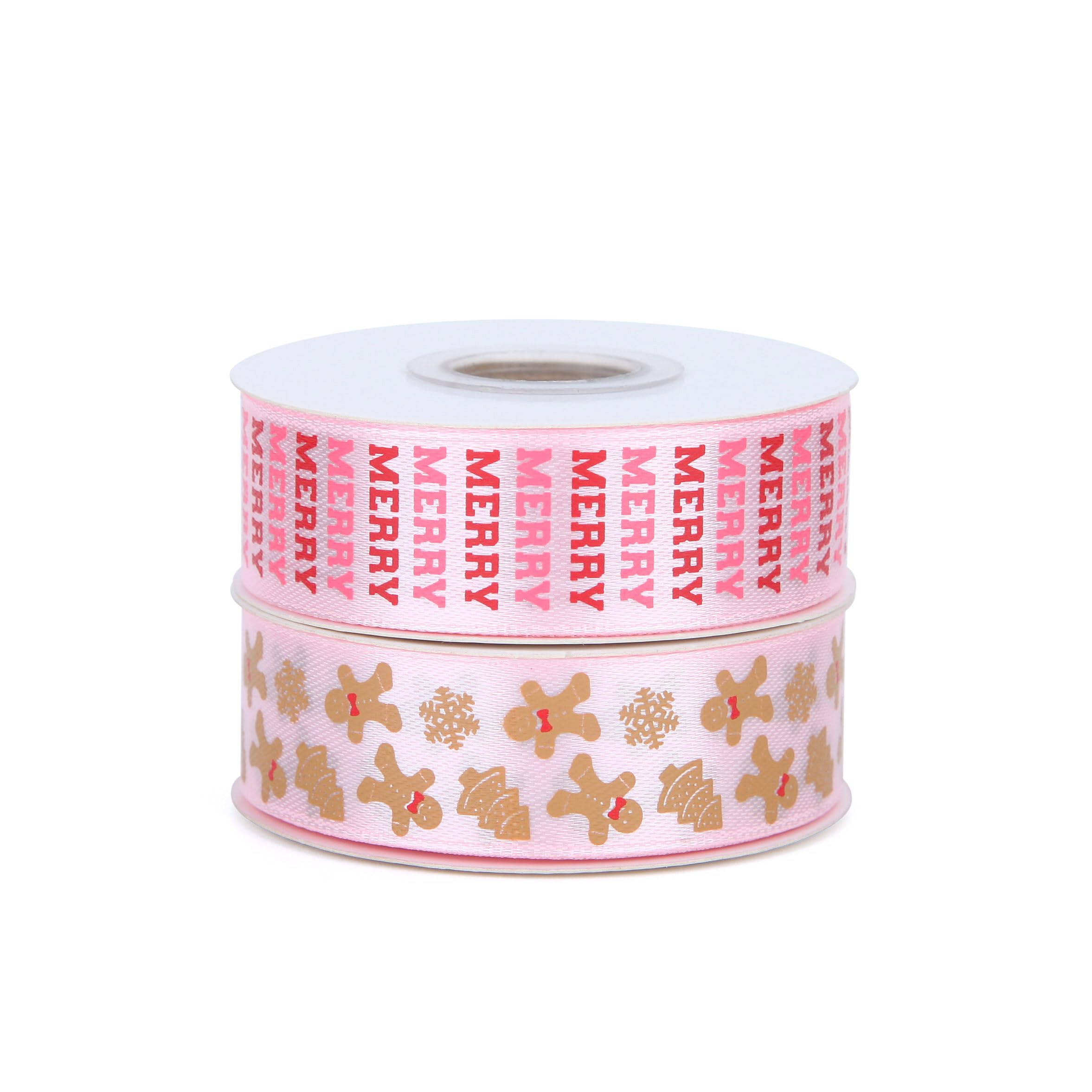 Meseey Gingerbread Ribbon 7/8 Inch 20 Yards Pink Merry Christmas Candy Cane Fabric Craft Ribbon for Christmas Gift Wrapping Wreath Bow DIY Crafts Supplies (Pink Merry Gingerbread)