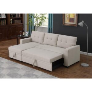 HomeStock City Chic L-Shaped Fabric Reversible, Easy Convertible Pull-Out Sleeper Sectional Sofa/Storage Chaise with Tufted Back Cushions and Track Arms-Beige