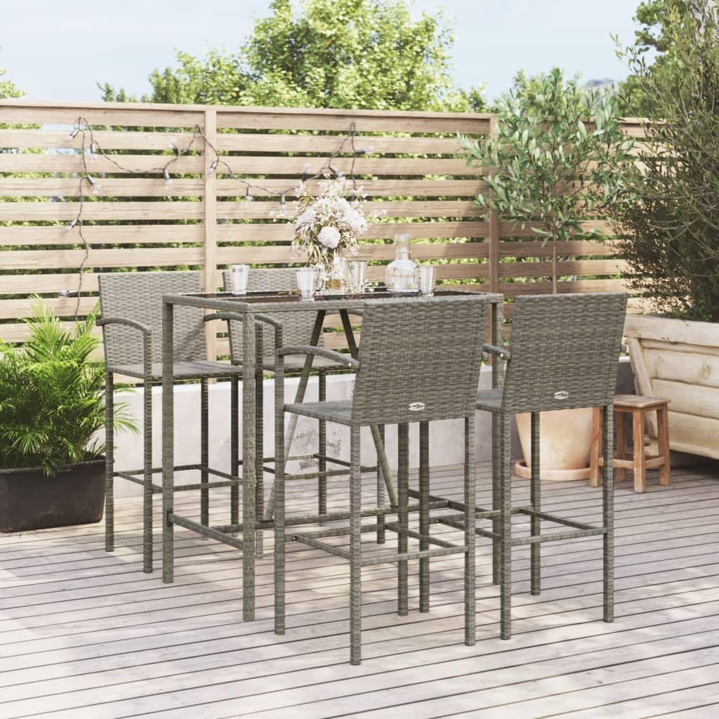 vidaXL 5 Piece Patio Bar Set - Poly Rattan Outdoor Furniture - Gray - Weather-Resistant - Tempered Glass Tabletop - Easy Assembly