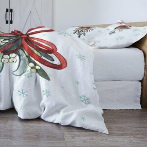 Christmas Duvet Cover Cal. King Size, Watercolor Red Green Botanical Bow Knot Winter Snowflake Comforter Cover with Zipper Closure, 3 Piece Bedding Sets 1 Duvet Cover 90x106 Inches and 2 Pillow Shams