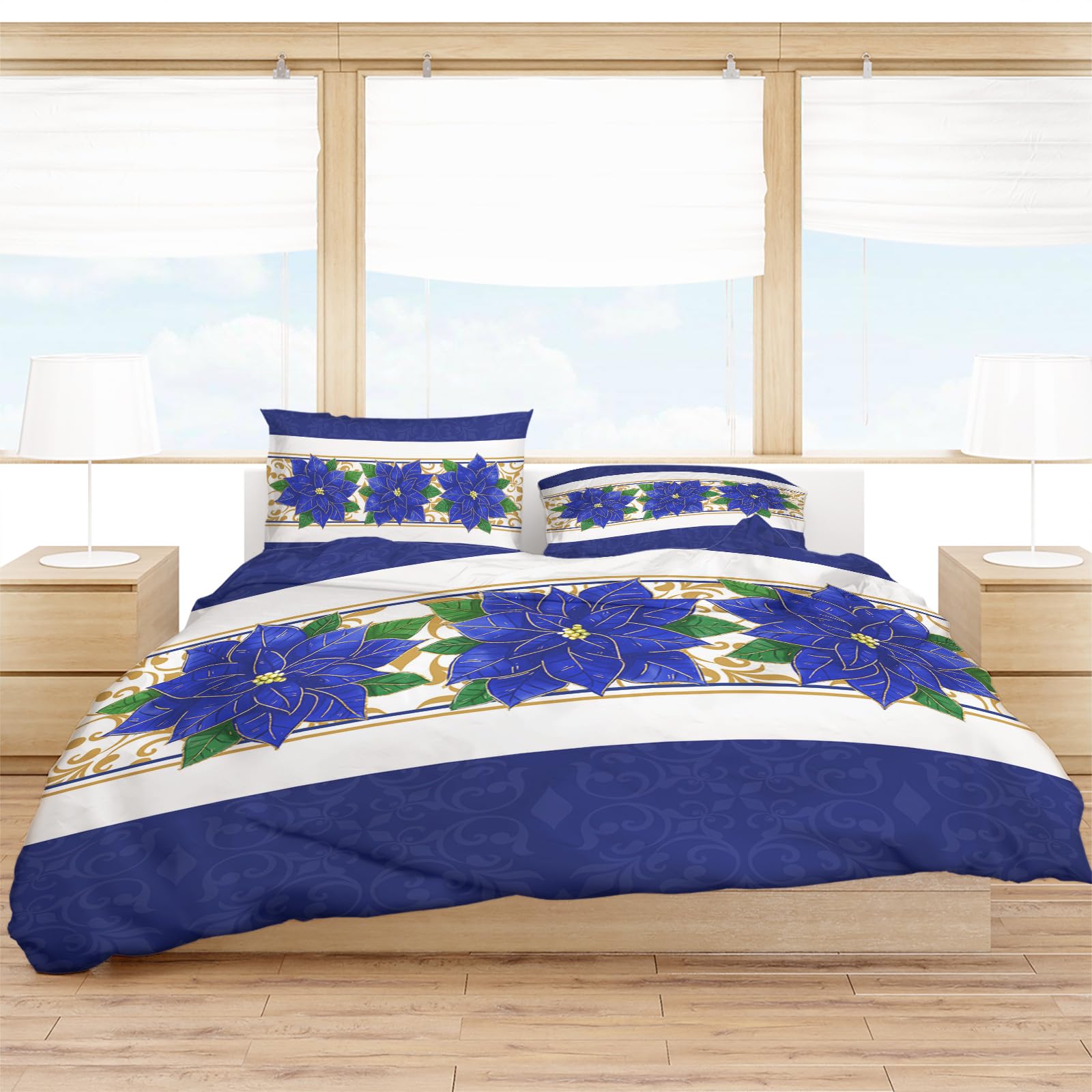 Blue Poinsettia Christmas Duvet Cover Queen Size, Xmas Botanical Floral Comforter Cover with Zipper Closure, 3 Piece Bedding Sets 1 Duvet Cover 90x92 Inches and 2 Pillow Shams