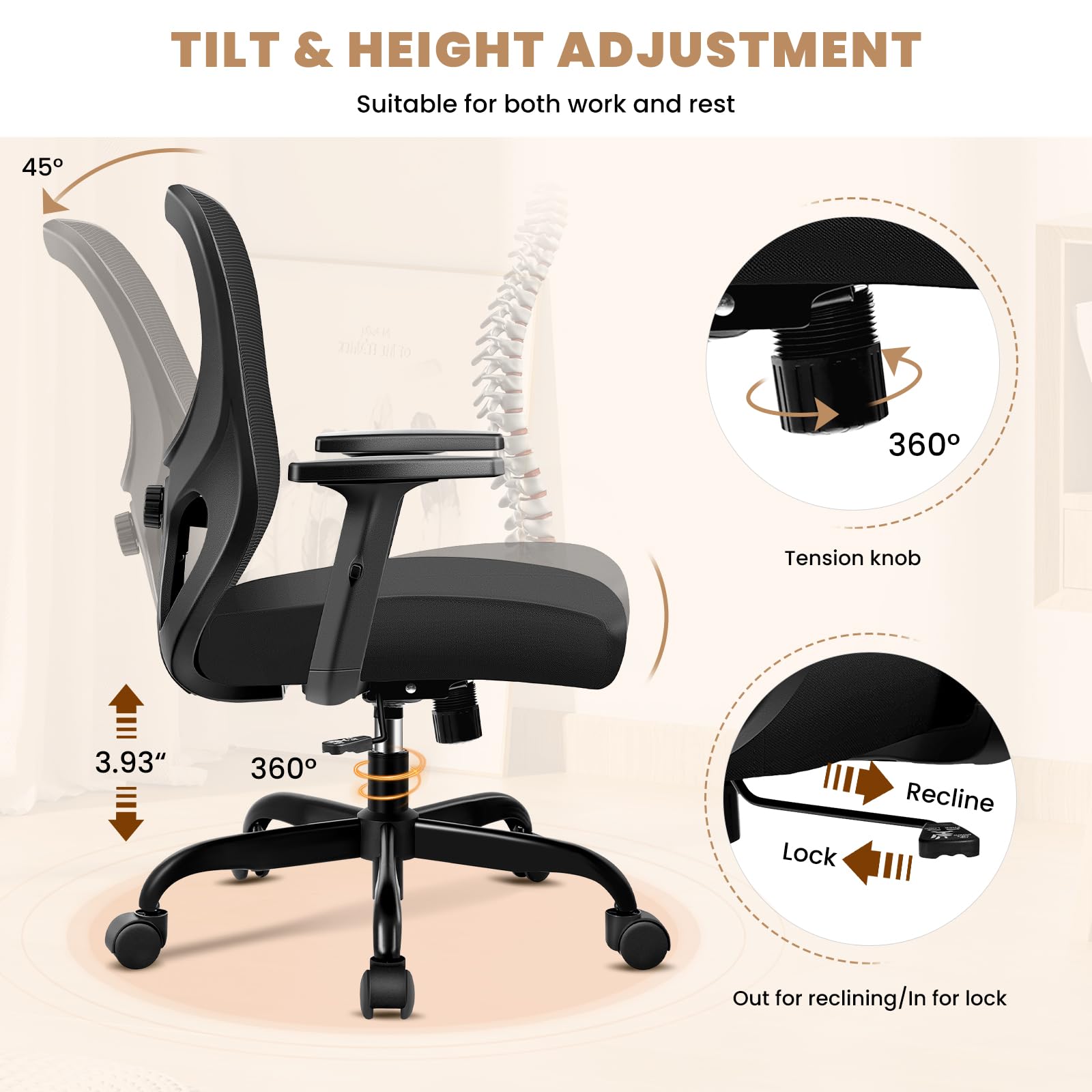 Razzor Office Chair Ergonomic Desk Chair with Adjustable Lumbar Support, Swivel Comfy Computer Chair Heavy Duty Executive Chair for Home Office