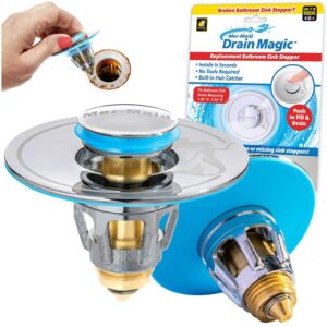 mer-maid drain magic as-seen-on-tv replace broken or missing bathroom drain stoppers in seconds, no tools, push to fill, hair catcher prevents clogs, watertight silicone seal,chrome plated solid brass