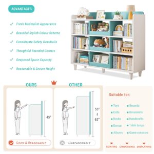 NELYE Wooden Cube Bookcase with Legs - 3-Tier Open Shelf Kidsroom Sorted Storage Cabinet Organizer for Books and Toys, 9-Cube Lattice Cute Cubby Bookshelf in White Mixed Westlake Blue, 55" W